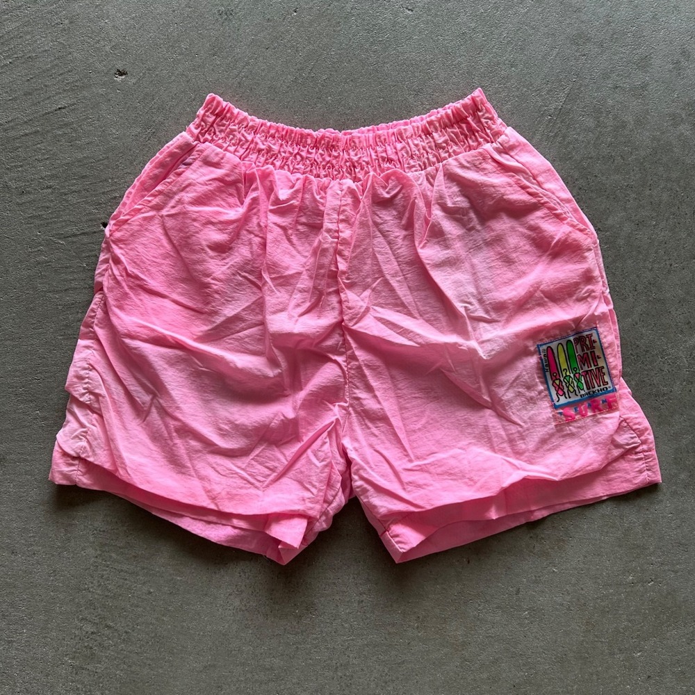 Vintage 90s Primitive Backho Swim Trunks Size Small Pink Swim Suit Hawaii Surf